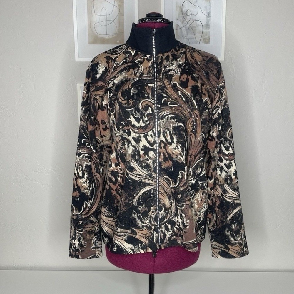 Jess & Jane Jacket Women XL Brown Leopard Baroque Rhinestone Zip Up USA Made